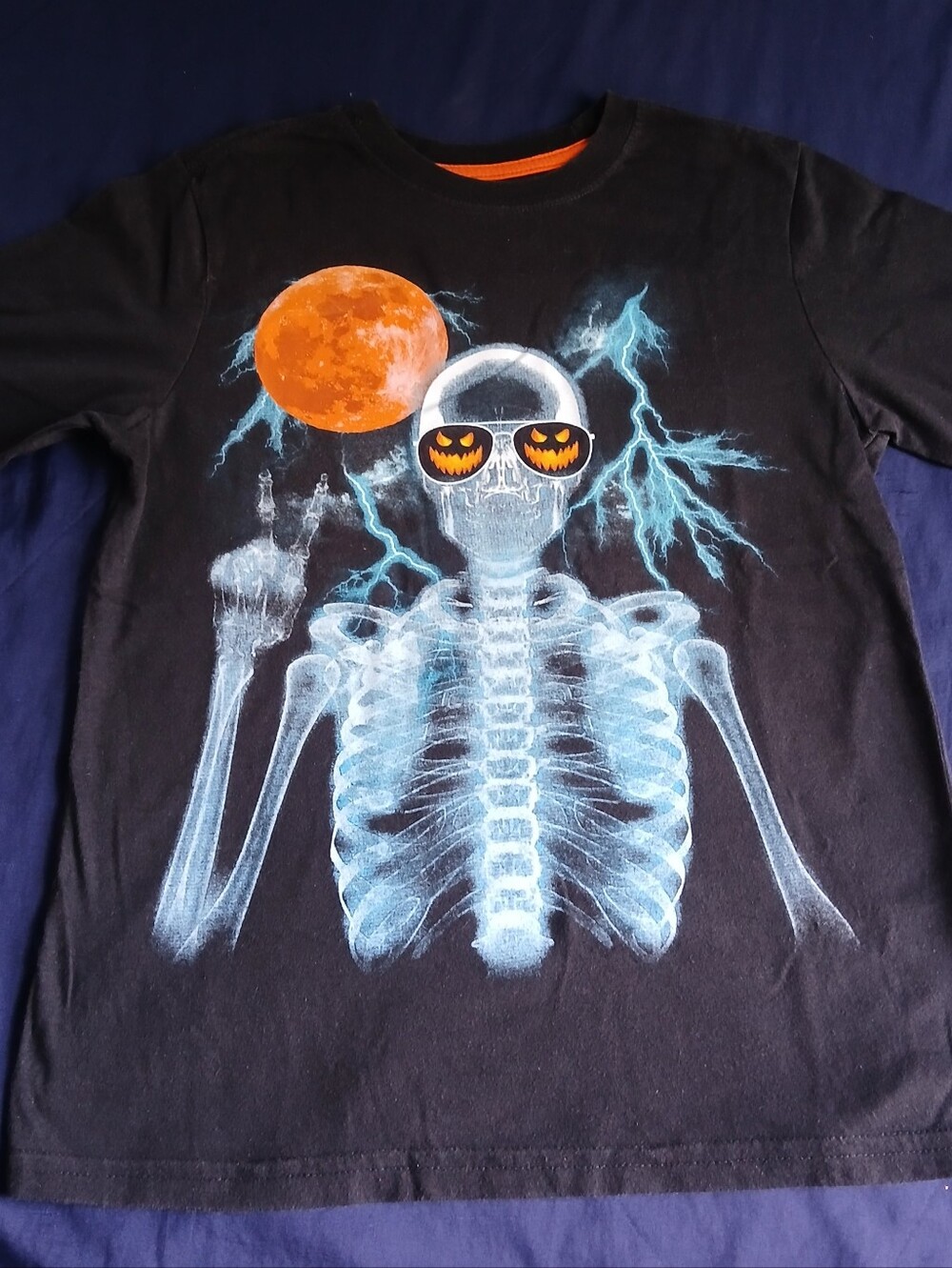 Kids Black Skeleton Graphic Tee with Orange Moon Size (10-12)